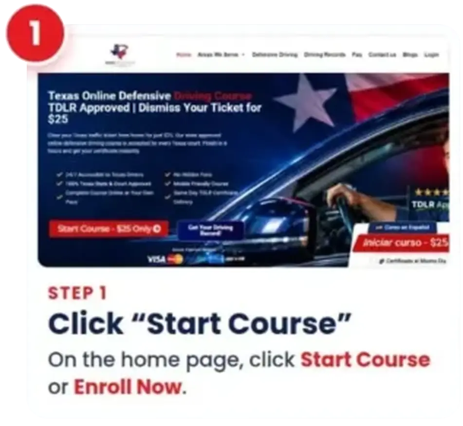 Step 1: click Start Course or Enroll Now on the Drive Defensively Texas home page