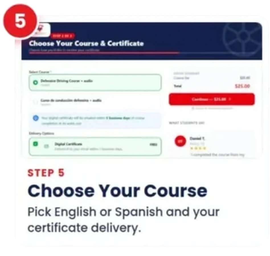 Step 5: choose the English or Spanish course and your certificate delivery option