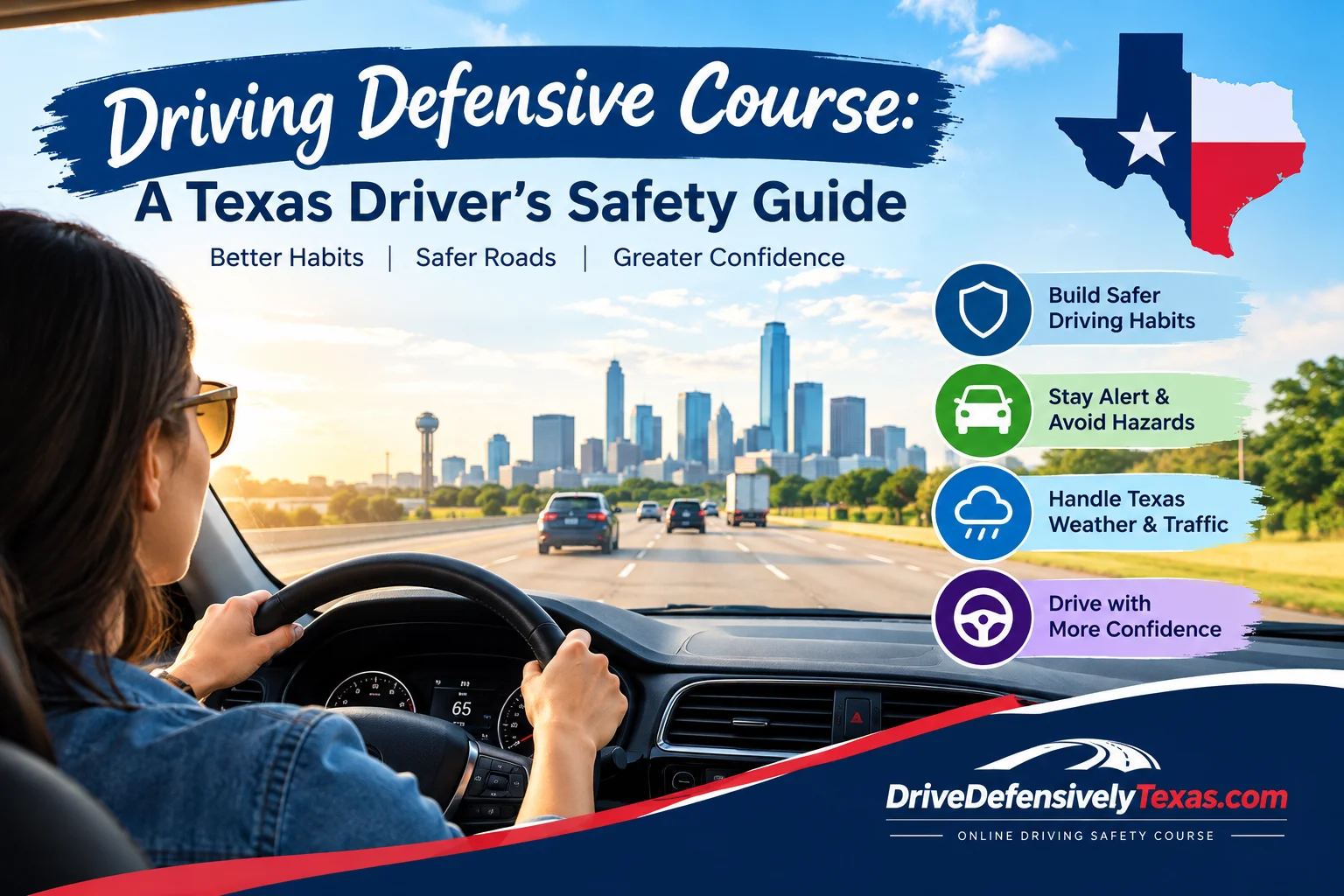 exas driver practicing defensive driving on a highway with safer driving habits and hazard awareness.