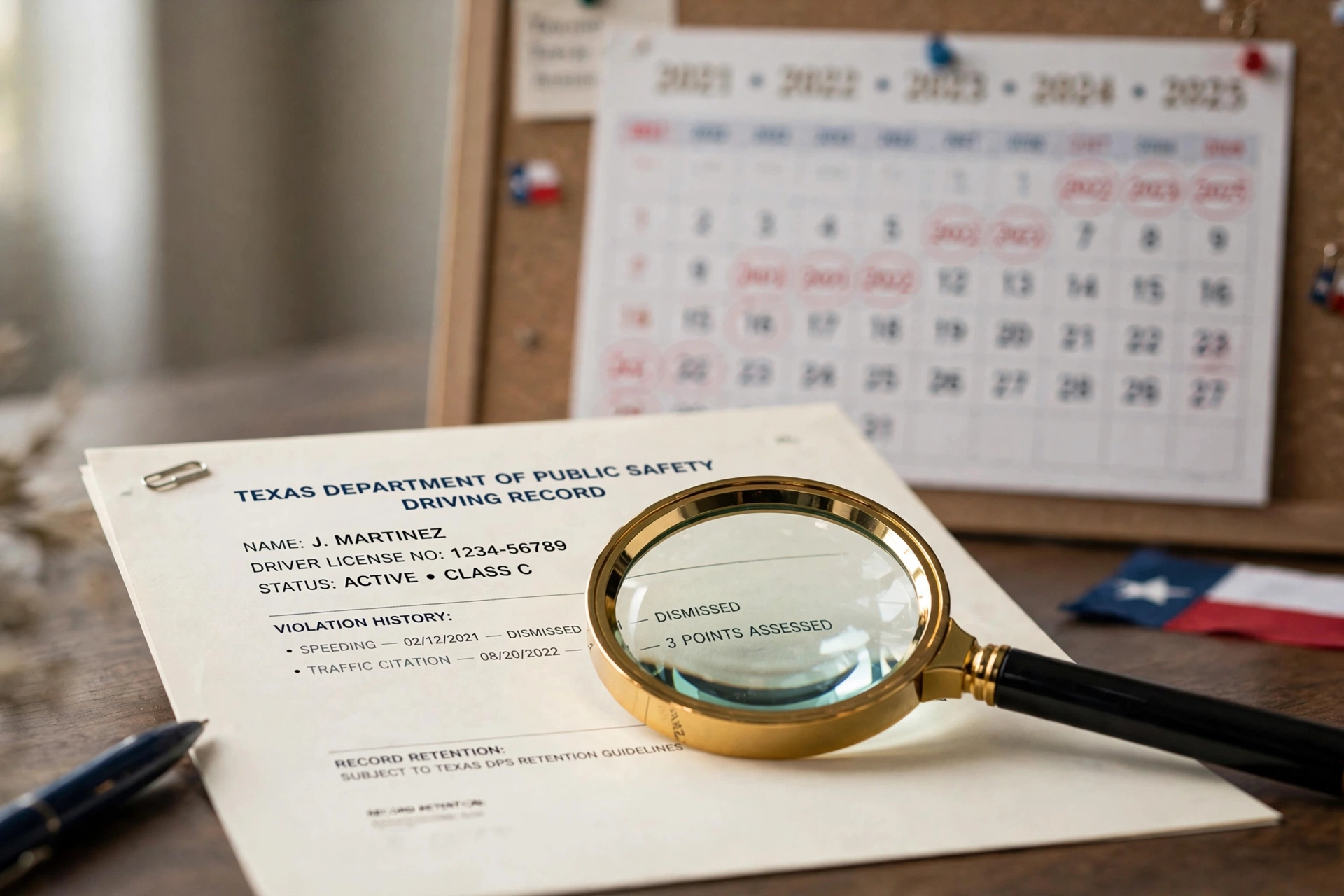 Texas driving record document with magnifying glass showing violation history