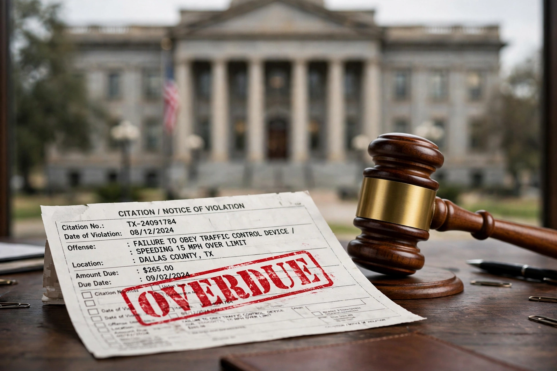 Overdue Texas traffic ticket with red overdue stamp and gavel