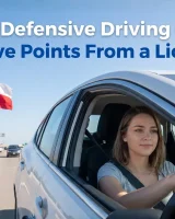 Young driver behind the wheel on a Texas highway with a Texas flag in the background and the text 'Does a Defensive Driving Course Remove Points From a License?