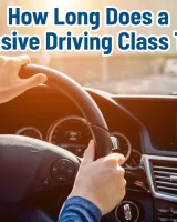 Defensive driving duration explained with driver behind the wheel, blog hero image about how long a defensive driving course takes.