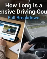 Defensive driving course duration guide showing online course modules and safe driving practice on highway.