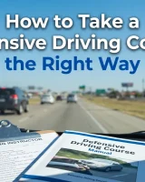 Defensive driving course manual and instructor checklist inside a car on a Texas highway – hero image for a blog on how to take a defensive driving course the right way.