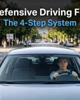 IPDE defensive driving formula explained with a driver navigating a city street, demonstrating the four-step defensive driving system.