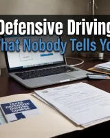 Texas defensive driving costs explained with course documents and laptop, blog hero image about defensive driving course fees in Texas
