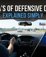 Driver on a Texas highway demonstrating the 4 A's of defensive driving with a Texas flag inside the car – hero image for a blog explaining defensive driving principles.