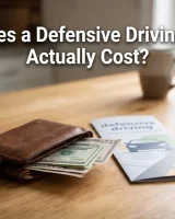 Wallet containing cash next to a defensive driving course brochure, car keys, and a pen on a wooden table with the text 'What Does a Defensive Driving Course Actually Cost?