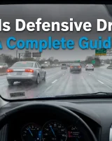 What is defensive driving example with a driver maintaining road safety in wet conditions.