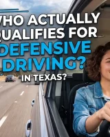 Woman driving on a Texas highway, illustrating who qualifies for a defensive driving course in Texas – hero image for a blog about defensive driving eligibility.